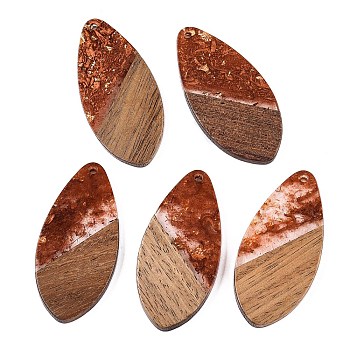 Transparent Resin and Walnut Wood Pendants, Teardrop Charms with Gold Foil, Sienna, 48.5x23.5x3.5mm, Hole: 2mm