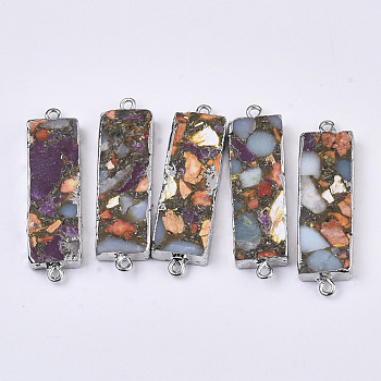 Synthetic Regalite and Aqua Terra Jasper Links connectors, Edge Platinum Plated, with Iron Loop, Rectangle, Colorful, 45~46x13x5.5mm, Hole: 1.6mm