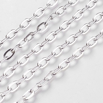 Iron Cable Chains, Unwelded, Flat Oval, Cadmium Free & Lead Free, Silver Color Plated, 7x5.1x1.2mm