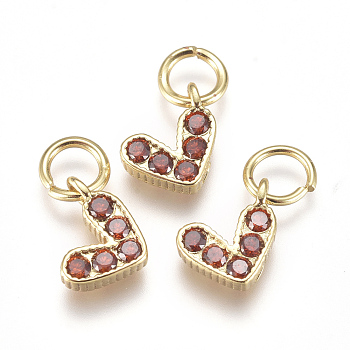 Brass Micro Pave Cubic Zirconia Charms, with Jump Ring, Long-Lasting Plated, Real 18K Gold Plated, Heart, Red, 6x8x2mm, Hole: 3mm