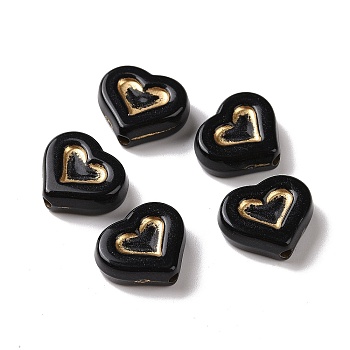 Opaque Acrylic Beads, Golden Metal Enlaced, Heart, Black, 12.5x14.5x5mm, Hole: 1.8mm, about 750pcs/500g