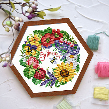 Summer Theme Flower Pattern Cross-stitch Beginner Kits, including Embroidery Fabric & Thread, Needle, Colorful, 370x370mm