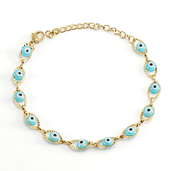 Golden Stainless Steel Enamel Horse Eye Link Chain Bracelets, Sky Blue, 6-3/4 inch(17cm)