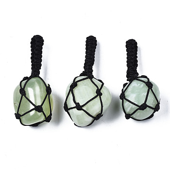 Natural New Jade Pendants, with Woven TaiWan Nylon Thread, Nuggets, 40~60x20~27x12~24mm, Hole: 10~16mm