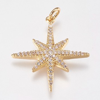 Brass Micro Pave Cubic Zirconia Pendants, Star, Real 18K Gold Plated, 25x23x3mm, Hole: 3mm