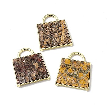 Natural Leopard Skin Jasper Pendants, Handbag Charms, with Rack Plating Golden Tone Brass Findings, Cadmium Free & Lead Free, 34x29.5x3mm, Hole: 6x11mm