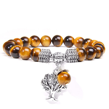 Natural Tiger Eye Beaded Stretch Bracelet with Alloy Tree of Life Charms,  6-3/4~8-5/8 inch(17~22cm)