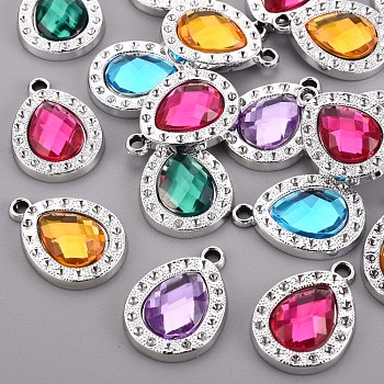 UV Plating Acrylic Pendant Rhinestone Settings, with Mixed Color Acrylic Rhinestones, Faceted, Teardrop, Platinum, Fit for 1.5mm Rhinestone, 28x20x6mm, Hole: 2.5mm