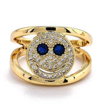 Brass Micro Pave Cubic Zirconia Cuff Rings, Open Rings, Smiling Face, Real 18K Gold Plated, Blue, US Size 6, Inner Diameter: 17mm