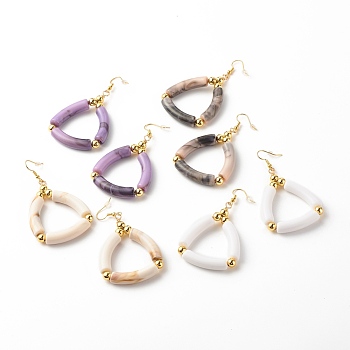 Brass Triangle Dangle Earrings, Chunky Curved Tube Beaded Drop Earrings for Women, Mixed Color, 73mm, Pin: 0.7mm