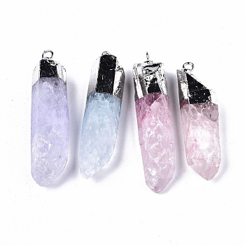 Electroplate Natural Quartz Crystal Pendants, with Platinum Iron Loops, Dyed, Hexagonal Prism , 44~50x12~13x10~11mm, Hole: 2.5mm