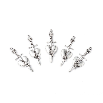 Tibetan Style Alloy Big Pendants, Skull Sword with Heart Charm, Antique Silver, 52x18x5mm, Hole: 2mm