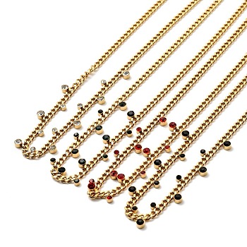 Rhinestone Charms Necklace with Curb Chains, Gold Plated 304 Stainless Steel Jewelry for Women, Mixed Color, 15.00 inch(38.1cm)