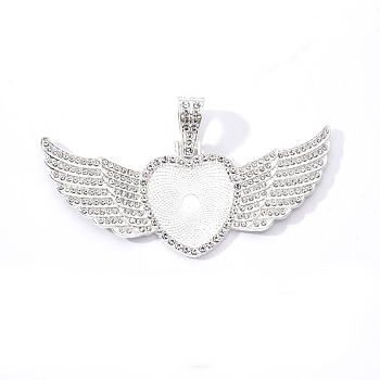 Alloy Pendant Cabochon Settings, with Crystal Rhinestone, Cadmium Free & Lead Free, Heart with Wing, Silver, Tray: 23x25mm, 38.5x88x5mm, Hole: 16x6mm