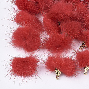 Faux Mink Fur Tassel Pendant Decorations, with Alloy Findings, Antique Golden, Red, 20~30x28~30mm, Hole: 1.8mm