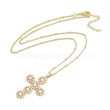 Collares de cadena satélite con colgante de cruz de latón y perlas de imitación(NJEW-U015-09G)-2