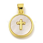 Rack Plating Brass Pave Nature Shell Cross Pendants, Flat Round Charms, Long-Lasting Plated, Lead Free & Cadmium Free, Real 18K Gold Plated, 16.5x13.5x2mm, Hole: 4x3mm(X-KK-C074-34G)