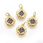 Brass Micro Pave Cubic Zirconia Charms, with Jump Ring, Flat Round, Clear, Gunmetal & Golden, 13x11x2mm, Hole: 3mm(ZIRC-G150-04A)