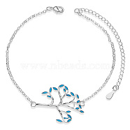 SHEGRACE Brass Link Anklets, with Epoxy Resin and Cable Chains, Tree, Platinum, Sky Blue, 8-1/4 inch(21cm)(JA128C)