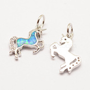 Brass Micro Pave Grade AAA Cubic Zirconia Pendants, with Synthetic Opal, Long-Lasting Plated, Unicorn, Cadmium Free & Nickel Free & Lead Free, Real Platinum Plated, 15x11x2mm, Hole: 3mm(X-ZIRC-F051-18P-NR)