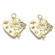 Brass Micro Pave Cubic Zirconia Pendants, Nickel Free, with Jump Rings, for Mother's Day, Heart with Boy, Colorful, Real 18K Gold Plated, 19.5x20.5x3mm, Jump Ring: 5x0.6mm, inner diameter: 3mm(ZIRC-S061-172G-NF)