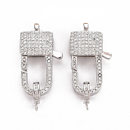 Brass Micro Pave Clear Cubic Zirconia Lobster Claw Clasps,  Cadmium Free & Nickel Free & Lead Free, Rectangle, Real Platinum Plated, 26.5x14.5x5.5mm, Hole: 1.5x2mm, Tube Bails, 10x7.5x2mm, hole: 1.4mm(ZIRC-S067-069P-NR)