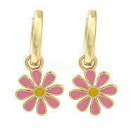 Rack Plating Flower Brass Hoop Earrings, with Enamel, Long-Lasting Plated, Lead Free & Cadmium Free, Real 18K Gold Plated, Hot Pink, 25x11.5mm(EJEW-H016-27G-02)