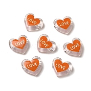 Printed Transparent Acrylic Beads, Heart with LOVE, Orange, 17.5x20x5mm, Hole: 3mm(OACR-P017-B03)