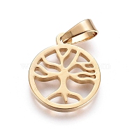 304 Stainless Steel Pendants, Flat Round with Tree of Life, Golden, 16x13.5x1.3mm, Hole: 6x3mm(X-STAS-I130-20G)