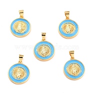 Brass Enamel Pendants, Cadmium Free & Lead Free, Long-Lasting Plated, Flat Round with Virgin Mary, Real 18K Gold Plated, Light Sky Blue, 18x16x2.5mm, Hole: 4.5x3.5mm(KK-P209-02G-08-RS)