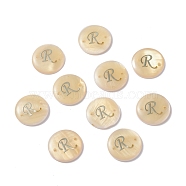 (Defective Closeout Sale: Yellowing), Freshwater Shell Links Connectors, with Platinum Brass Findings, Flat Round with Letter, Letter.R, 20x3mm, Hole: 1.4mm(SHEL-XCP0001-03C)