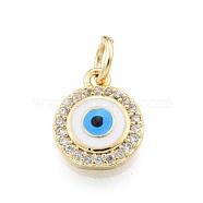 Brass Micro Pave Clear Cubic Zirconia Charms, with Enamel and Jump Rings, Golden, Flat Round with Evil Eye, White, 11x9.5x2mm, Hole: 3mm(KK-I691-02D)