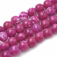Dyed Natural Crackle Agate Beads Strands, Round, Fuchsia, 10~11mm, Hole: 1mm, about 38pcs/strand, 15.1 inch(G-T100-02D)