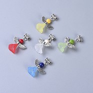 Transparent Frosted Acrylic Flower Pendants, with Tibetan Style Alloy Findings and Dyed Synthetic Turquoise Beads, Lovely Wedding Dress Angel Dangle, Mixed Color, 30~31mm, Hole: 2.8mm(PALLOY-JF00373)