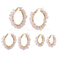 3 Pairs 3 Size Natural Rose Quartz Chips Hoop Earrings, 304 Stainless Steel Wire Wrap Earrings, 23~35x5~8.5mm, 1 Pair/size(EJEW-JE05710-01)