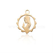 304 Stainless Steel Pendants, Religion Theme, Flat Round with Goddess, Golden, 17x14x1mm, Hole: 1.8mm(STAS-CJC0001-01G)