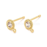 Brass Micro Pave Cubic Zirconia Stud Earring Findings, with Vertical Loops, Flat Round, Cadmium Free & Lead Free, Real 18K Gold Plated, 7.5x5.5mm, Hole: 0.8mm, Pin: 0.8mm(ZIRC-P105-01G)
