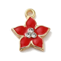 Flower Alloy Enamel Pendants, with Rhinestone, Light Gold, Red, 13.5x12.5x2.5mm, Hole: 1.4mm(ENAM-A007-05KCG-02)