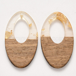Transparent Resin & Walnut Wood Pendants, with Gold Foil, Waxed, Oval, Gold, 38x21x4mm, Hole: 1.6mm(RESI-T023-08-D01)
