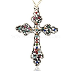 Tibetan Style Alloy Rhinestone Big Pendants, Latin Cross, Antique Silver, Colorful, 69x48x5mm, Hole: 3mm(RB-J158-01AS)