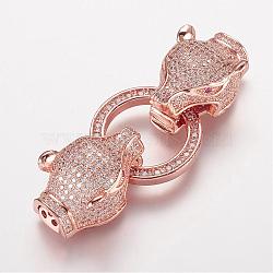 Brass Micro Pave Cubic Zirconia Key Clasps, with Two Cord End Caps, Fox Head, Rose Gold, 50mm(ZIRC-J016-17RG)