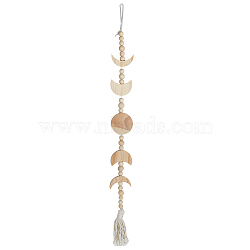 Wood Beaded Moon Phase Pendant Decorations, Bohemian Style Cotton Tassel Garland, BurlyWood, 765mm(HJEW-WH0047-08)