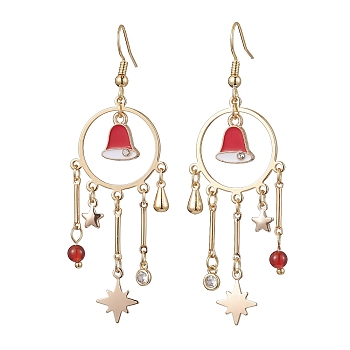Brass Dangle Earrings, with Christmas Bell Alloy Enamel Charms and Natural Carnelian and Brass Finding for Women, Golden, 71x24mm