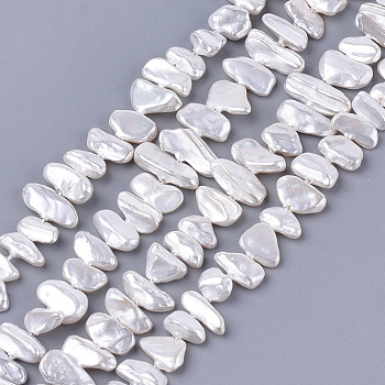 Electroplate Shell Pearl Beads Strands, Chip, Creamy White, 6~13x10~36x3~7mm, Hole: 1mm, about 38~42pcs/strand, 13.7 inch