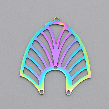 Ion Plating(IP) 201 Stainless Steel Chandelier Components Links, Laser Cut, with Loop & 2 Hole, Fan Shape, Rainbow Color, 31x27.5x1mm, Hole: 1.2mm
