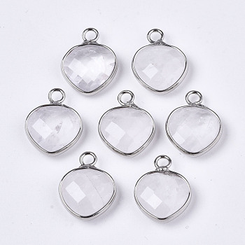 Natural Quartz Crystal Pendants, Rock Crystal Pendants, with Platinum Plated Brass Findings, Faceted, Heart, 17x13x5mm, Hole: 2mm