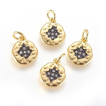 Brass Micro Pave Cubic Zirconia Charms, with Jump Ring, Flat Round, Clear, Gunmetal & Golden, 13x11x2mm, Hole: 3mm