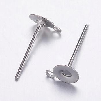304 Stainless Steel Stud Earrings Findings, with Loop, Stainless Steel Color, 12x5x1.3mm, Hole: 1mm, Pin: 0.7mm