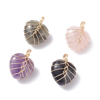 Natural & Synthetic Gemstone Pendants, with Light Gold Tone Copper Wire Wrapped, Mixed Dyed and Undyed, Heart, 26x21x16mm, Hole: 6mm