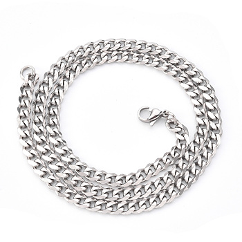 Men's 201 Stainless Steel Cuban Chain Necklace, with Lobster Claw Clasp and Jump Rings, Stainless Steel Color, Link: 7x5x1.2mm, 19.68 inch(50cm)
